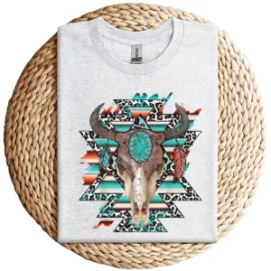 1-1-6.webp Boho Serape Turquoise Aztec Cow Skull T-Shirt – Western Cowgirl Graphic Tee – Vintage Bull Skull Rodeo Shirt – Country Outfit Top