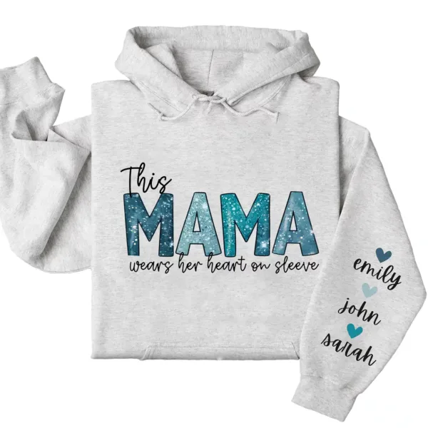 This Mama Wears Her Heart on Her Sleeve Hoodie  – Custom Mom Shirt with Kids’ Names, Personalized Mother’s Day Gift Idea