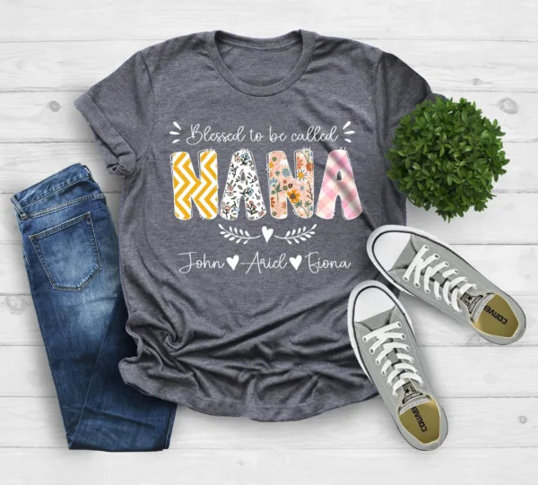 Personalized Grandma Shirt - Blessed to Be Called Nana with Kids' Art & Flower - Custom First Time Grandma T-Shirt