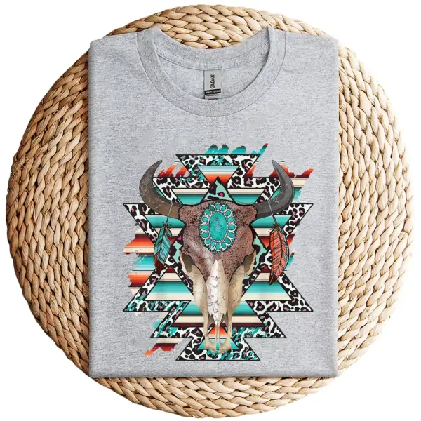 1-2-6.webp Boho Serape Turquoise Aztec Cow Skull T-Shirt – Western Cowgirl Graphic Tee – Vintage Bull Skull Rodeo Shirt – Country Outfit Top