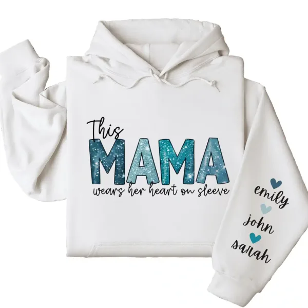 This Mama Wears Her Heart on Her Sleeve Hoodie  – Custom Mom Shirt with Kids’ Names, Personalized Mother’s Day Gift Idea