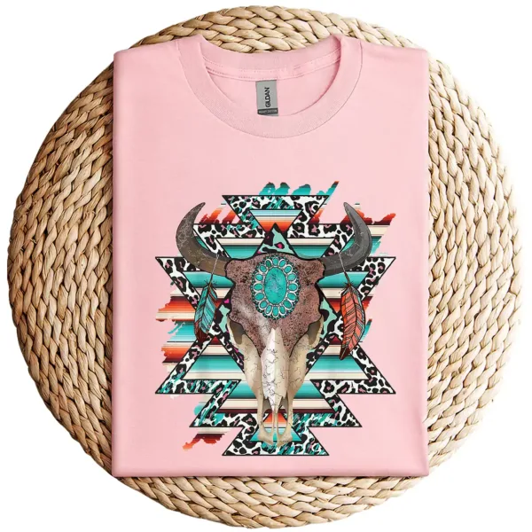 1-4-6.webp Boho Serape Turquoise Aztec Cow Skull T-Shirt – Western Cowgirl Graphic Tee – Vintage Bull Skull Rodeo Shirt – Country Outfit Top