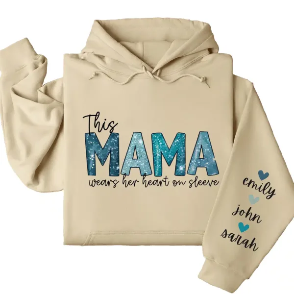 This Mama Wears Her Heart on Her Sleeve Hoodie  – Custom Mom Shirt with Kids’ Names, Personalized Mother’s Day Gift Idea