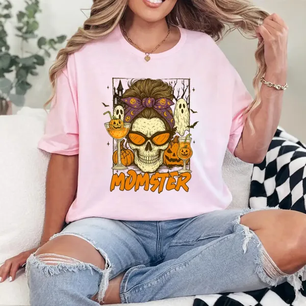 Halloween Vibes Spooky Mom Life Skull Pumpkin Boo Momster T-Shirt - Unisex, Gift for Halloween Day,  Gift for Mama