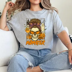 Halloween Vibes Spooky Mom Life Skull Pumpkin Boo Momster T-Shirt - Unisex, Gift for Halloween Day,  Gift for Mama