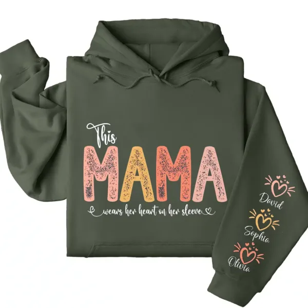 This Mama Wears Her Heart on Her Sleeve Hoodie – Custom Hoodie with Kids’ Names, Personalized Mother’s Day Gift for Mama