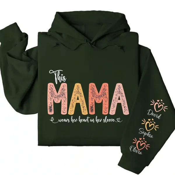 This Mama Wears Her Heart on Her Sleeve Hoodie – Custom Hoodie with Kids’ Names, Personalized Mother’s Day Gift for Mama
