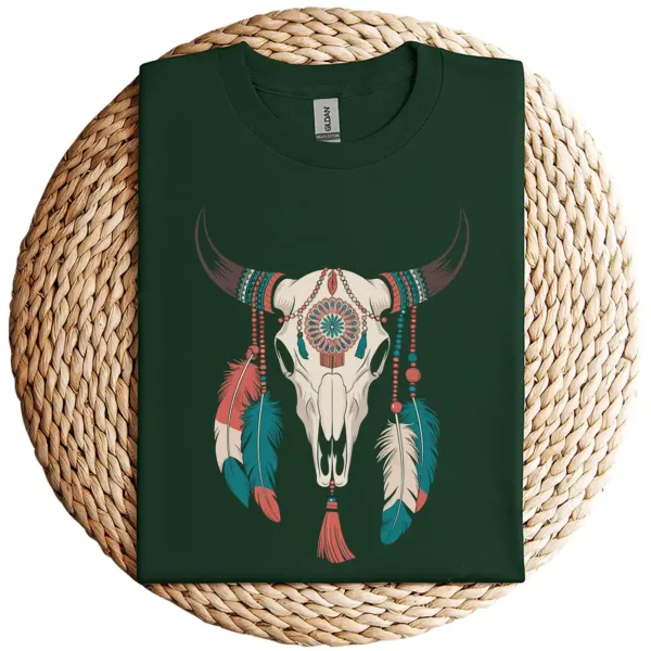 11-1-3-1.webp Boho Cow Skull Long Sleeve T-Shirt – Southwestern Bohemian Style – Vintage Western Graphic Tee – Comfortable Casual Wear for Cowgirls