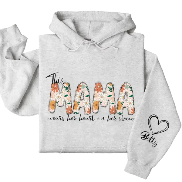 Personalized This Mama Wears Her Heart on Her Sleeve Hoodie – Floral Mama, Custom Hoodie with Kids’ Names, Personalized Mother’s Day Gift for Mom