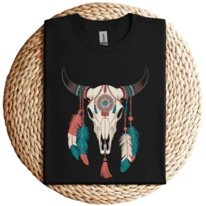 11-2-3-1.webp Boho Cow Skull Long Sleeve T-Shirt – Southwestern Bohemian Style – Vintage Western Graphic Tee – Comfortable Casual Wear for Cowgirls
