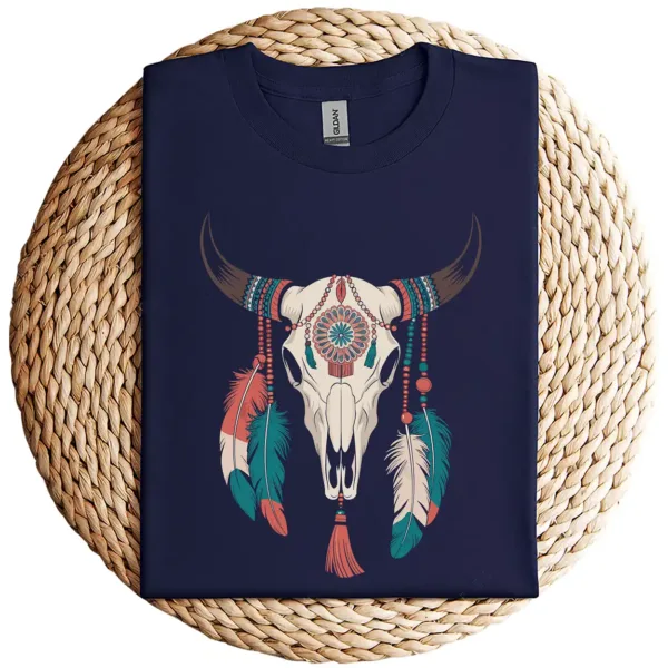 11-3-3-1.webp Boho Cow Skull Long Sleeve T-Shirt – Southwestern Bohemian Style – Vintage Western Graphic Tee – Comfortable Casual Wear for Cowgirls