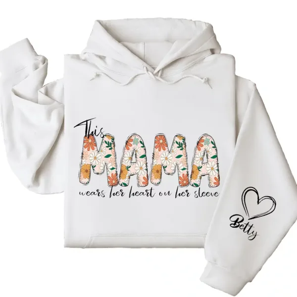 Personalized This Mama Wears Her Heart on Her Sleeve Hoodie – Floral Mama, Custom Hoodie with Kids’ Names, Personalized Mother’s Day Gift for Mom