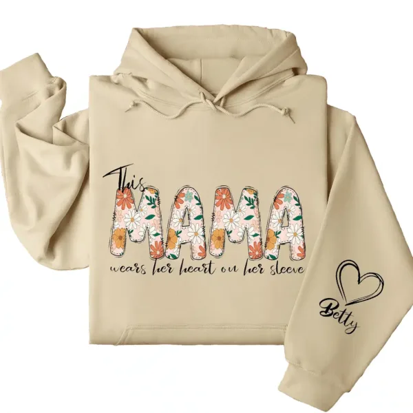 Personalized This Mama Wears Her Heart on Her Sleeve Hoodie – Floral Mama, Custom Hoodie with Kids’ Names, Personalized Mother’s Day Gift for Mom