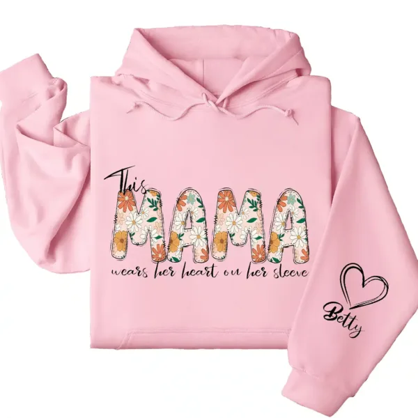 Personalized This Mama Wears Her Heart on Her Sleeve Hoodie – Floral Mama, Custom Hoodie with Kids’ Names, Personalized Mother’s Day Gift for Mom