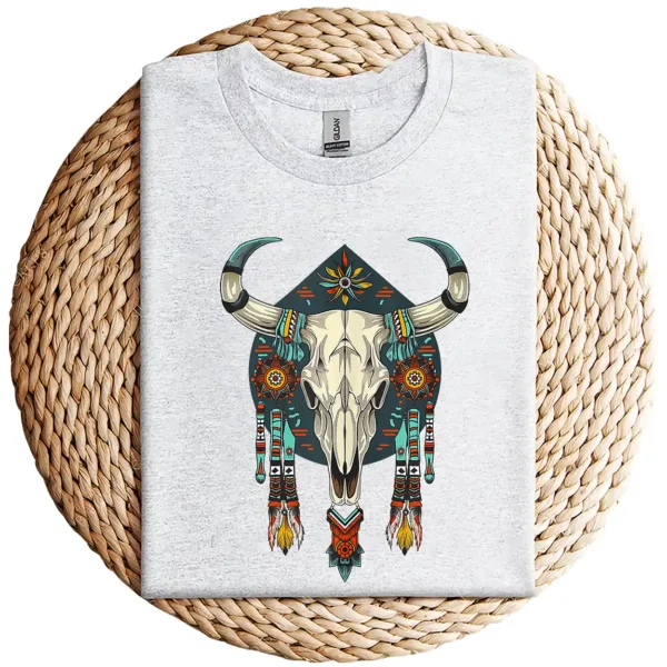 12-1-2.webp Cow Bull Skull T-Shirt – Native American Feathers Design – Southwestern Tribal Graphic Tee – Boho Western Style Sleeveless Shirt