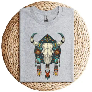 12-2-2.webp Cow Bull Skull T-Shirt – Native American Feathers Design – Southwestern Tribal Graphic Tee – Boho Western Style Sleeveless Shirt