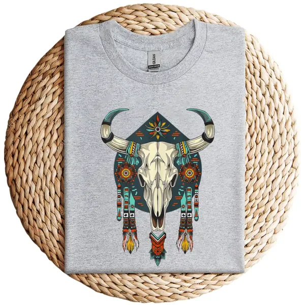 12-2-2.webp Cow Bull Skull T-Shirt – Native American Feathers Design – Southwestern Tribal Graphic Tee – Boho Western Style Sleeveless Shirt