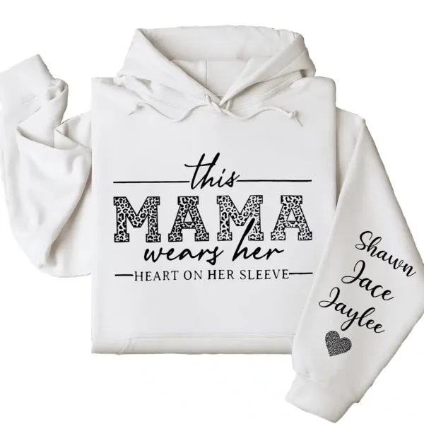 Personalized This Mama Wears Her Heart on Her Sleeve Hoodie – Mom Life, Blessed Mama, Motherhood Hoodie – Mother’s Day Gift