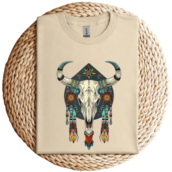 12-3-2-1.webp Cow Bull Skull T-Shirt – Native American Feathers Design – Southwestern Tribal Graphic Tee – Boho Western Style Sleeveless Shirt