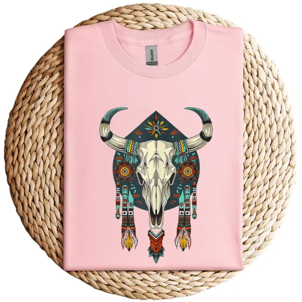 12-4-2.webp Cow Bull Skull T-Shirt – Native American Feathers Design – Southwestern Tribal Graphic Tee – Boho Western Style Sleeveless Shirt