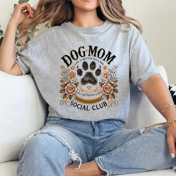 12-4-7.webp Dog Mom Social Club T-Shirt – Floral Dog Lover Shirt for Women, Cute Gift for Dog Owners, Life Is Better with a Dog Tee, Fur Mama Outfit