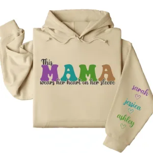 This Mama Wears Her Heart on Her Sleeve Hoodie – Custom Hoodie with Kids’ Names, Personalized Mother’s Day Gift for Mom