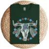 13-1-2-1.webp Vintage Cow Bull Skull T-Shirt – BOHO Southwestern Aztec Feather Design – Rustic Western Graphic Tee – Unique Cowgirl & Cowboy Shirt