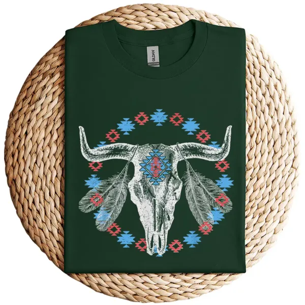 13-1-2-1.webp Vintage Cow Bull Skull T-Shirt – BOHO Southwestern Aztec Feather Design – Rustic Western Graphic Tee – Unique Cowgirl & Cowboy Shirt