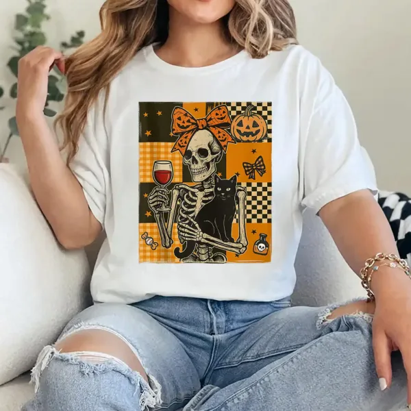 13-1-3.webp Women Halloween Wine Mama Messy Bun Cat Skeleton Coquette T-Shirt - Unisex, Gift for Halloween Day, Gift for Mama