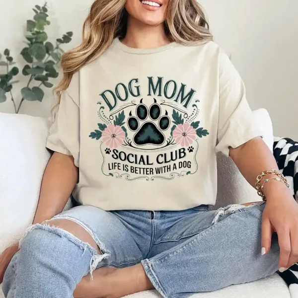 13-1-7.webp Dog Mom Social Club T-Shirt – Floral Dog Paw Shirt for Pet Lovers, Gift for Dog Owners, Cute Dog Lover Tee, Fur Mama Graphic Top
