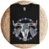 13-2-2-1.webp Vintage Cow Bull Skull T-Shirt – BOHO Southwestern Aztec Feather Design – Rustic Western Graphic Tee – Unique Cowgirl & Cowboy Shirt