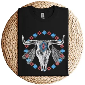 13-2-2-1.webp Vintage Cow Bull Skull T-Shirt – BOHO Southwestern Aztec Feather Design – Rustic Western Graphic Tee – Unique Cowgirl & Cowboy Shirt