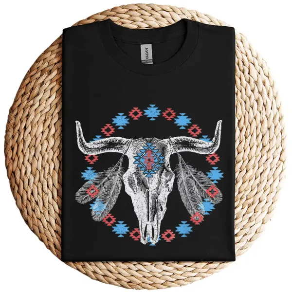 13-2-2-1.webp Vintage Cow Bull Skull T-Shirt – BOHO Southwestern Aztec Feather Design – Rustic Western Graphic Tee – Unique Cowgirl & Cowboy Shirt