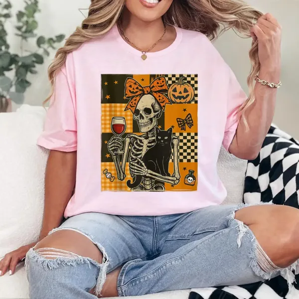 13-2-3.webp Women Halloween Wine Mama Messy Bun Cat Skeleton Coquette T-Shirt - Unisex, Gift for Halloween Day, Gift for Mama