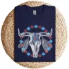 13-3-2-1.webp Vintage Cow Bull Skull T-Shirt – BOHO Southwestern Aztec Feather Design – Rustic Western Graphic Tee – Unique Cowgirl & Cowboy Shirt