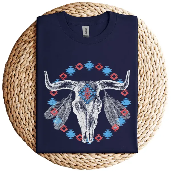 13-3-2-1.webp Vintage Cow Bull Skull T-Shirt – BOHO Southwestern Aztec Feather Design – Rustic Western Graphic Tee – Unique Cowgirl & Cowboy Shirt