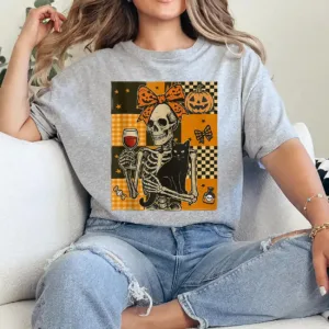 13-3-3.webp Women Halloween Wine Mama Messy Bun Cat Skeleton Coquette T-Shirt - Unisex, Gift for Halloween Day, Gift for Mama