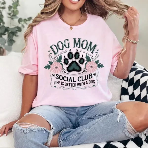13-3-6.webp Dog Mom Social Club T-Shirt – Floral Dog Paw Shirt for Pet Lovers, Gift for Dog Owners, Cute Dog Lover Tee, Fur Mama Graphic Top