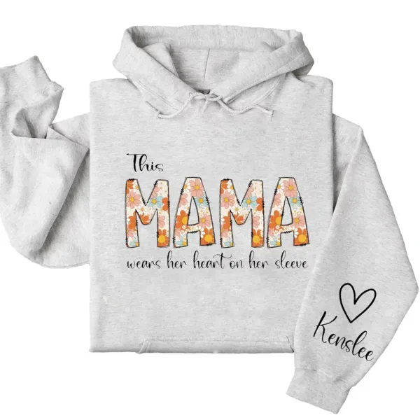 Personalized This Mama Wears Her Heart on Her Sleeve Hoodie – Retro Floral Mom, Custom Kids' Names – Mother’s Day Gift