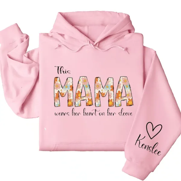 Personalized This Mama Wears Her Heart on Her Sleeve Hoodie – Retro Floral Mom, Custom Kids' Names – Mother’s Day Gift