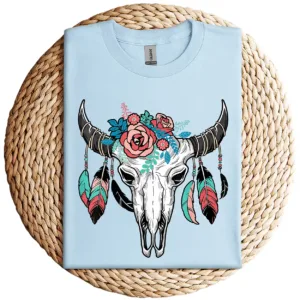 14-1-2.webp Vintage Cow Skull with Flowers T-Shirt – Western Boho Graphic Tee for Men and Women – Country Cowgirl Cowboy Gift Shirt
