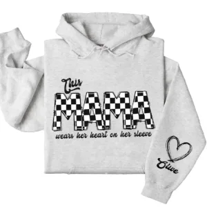 This Mama Wears Her Heart on Her Sleeve Hoodie – Custom Hoodie with Kids’ Names, Personalized Mother’s Day Gift for Mama