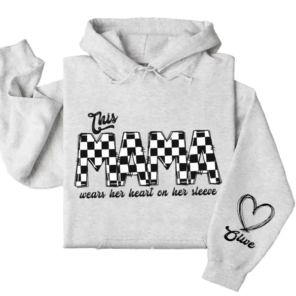 This Mama Wears Her Heart on Her Sleeve Hoodie – Custom Hoodie with Kids’ Names, Personalized Mother’s Day Gift for Mama