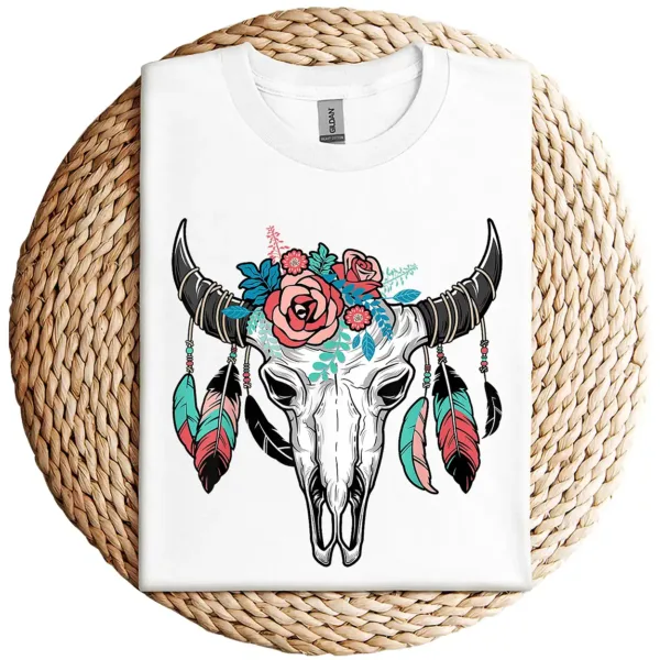 Vintage Cow Skull with Flowers T-Shirt – Western Boho Graphic Tee for Men and Women – Country Cowgirl Cowboy Gift Shirt