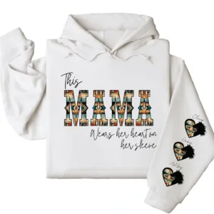 Western Mama Wears Her Heart on Her Sleeve Hoodie – Personalized Aztec Heart & Horse Graphic, Cowboy Font, Mother’s Day or Birthday Gift