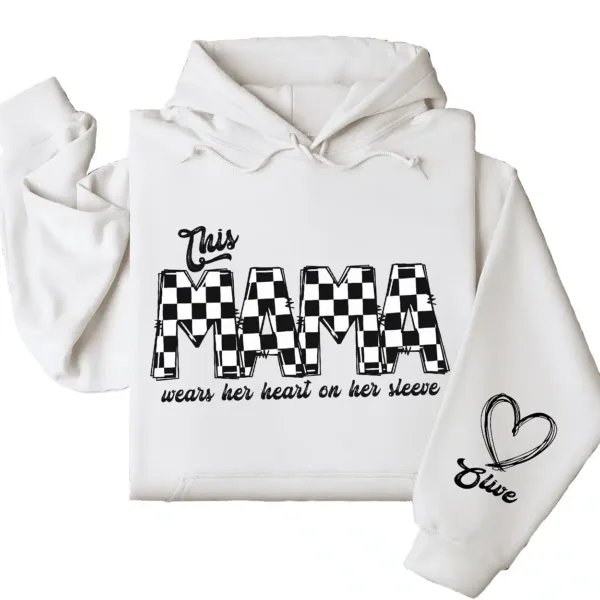 This Mama Wears Her Heart on Her Sleeve Hoodie – Custom Hoodie with Kids’ Names, Personalized Mother’s Day Gift for Mama