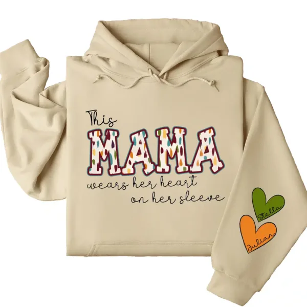 This Mama Wears Her Heart on Her Sleeve Hoodie – Custom Hoodie with Kids’ Names, Personalized Mother’s Day Gift for Mama
