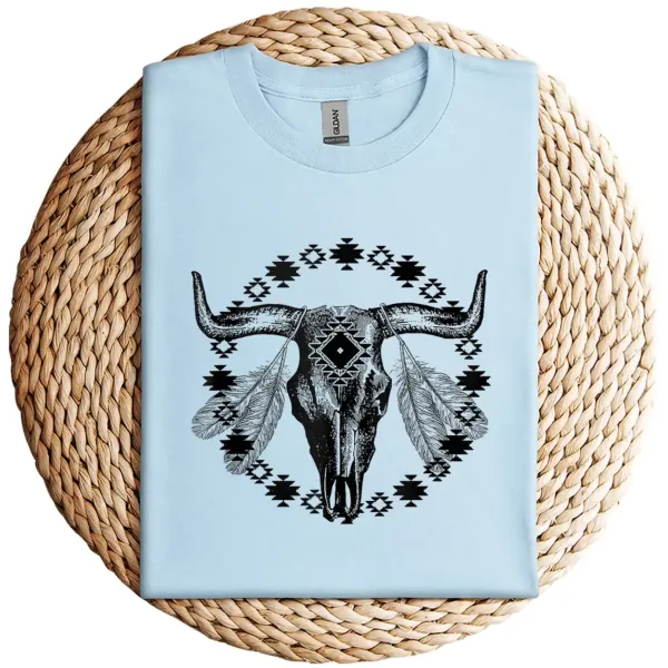 15-1-2.webp Vintage Cow Bull Skull T-Shirt – BOHO Southwestern Aztec Feather Design – Rustic Western Graphic Tee – Unique Cowgirl & Cowboy Shirt