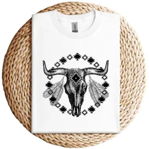 15-2-2.webp Vintage Cow Bull Skull T-Shirt – BOHO Southwestern Aztec Feather Design – Rustic Western Graphic Tee – Unique Cowgirl & Cowboy Shirt