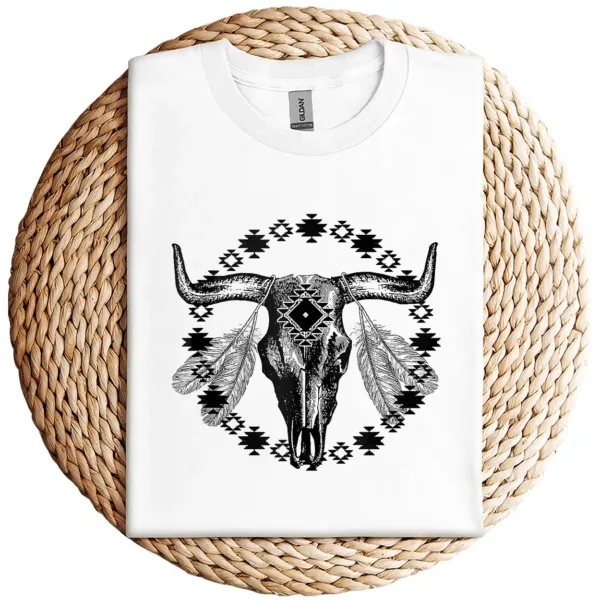 15-2-2.webp Vintage Cow Bull Skull T-Shirt – BOHO Southwestern Aztec Feather Design – Rustic Western Graphic Tee – Unique Cowgirl & Cowboy Shirt